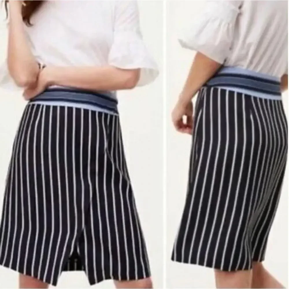 NEW Ann Taylor Loft Pinstripe Faux Wrap Skirt Black Blue Stripe Women's 2 P Work - Picture 3 of 13